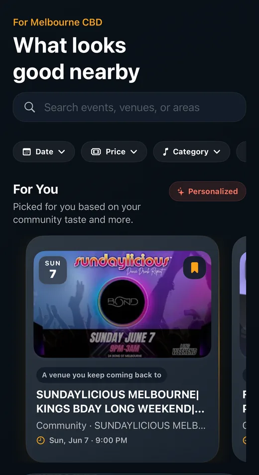 EventBosh Discover tab — personalised event feed for Melbourne