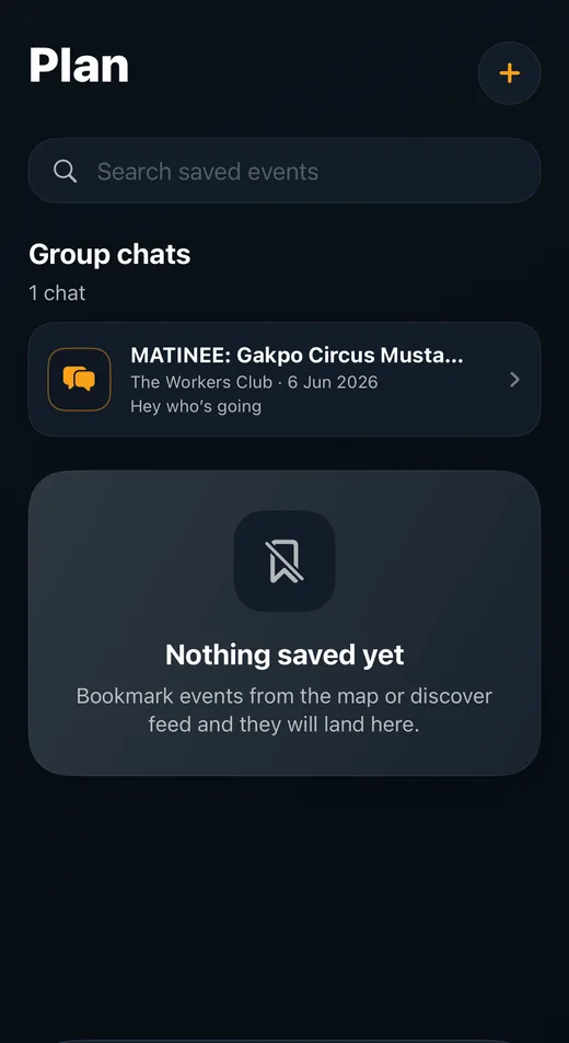 EventBosh Plan tab — group chats and saved plans
