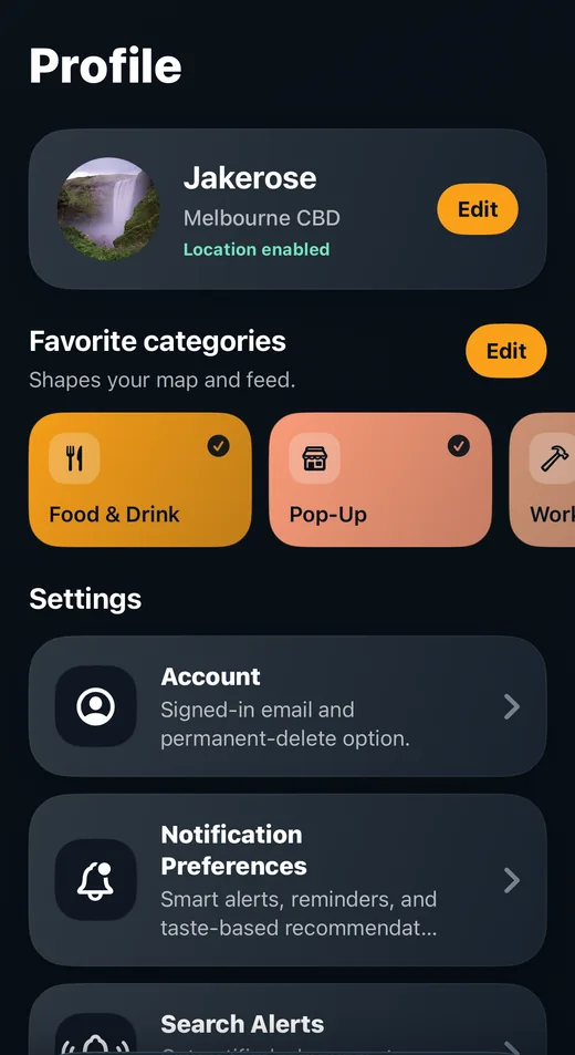 EventBosh Profile tab — favourite categories